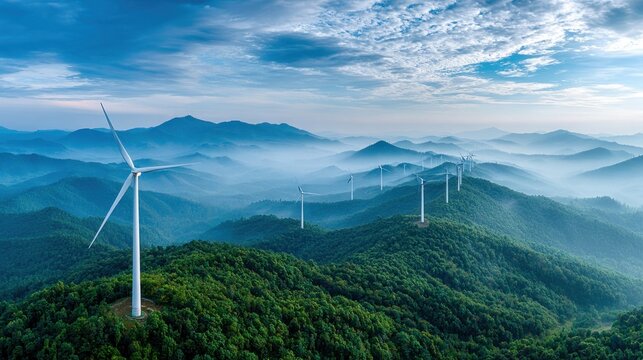Wind turbines stand tall on misty green mountain ridges under a vast blue sky