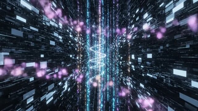 futuristic digital data stream with glowing helix and scrolling binary code