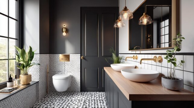 Modern black and white bathroom with gold accents and plants, luxurious design