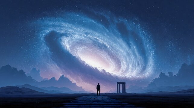 Lone figure gazes at a swirling galaxy above ancient ruins under a starry sky