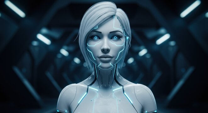 A futuristic female robot with glowing blue eyes and mechanical features in a dark, high-tech corridor