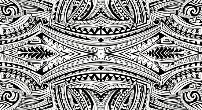 Ornate symmetrical Polynesian tribal pattern in black and white graphic design