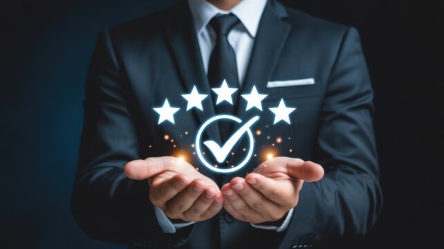 Businessman showing five stars rating and check mark for quality assurance and customer satisfaction service concept