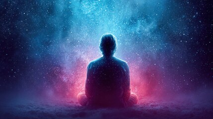 Fototapeta premium Person meditating in a cosmic nebula with stars and galaxies surrounding them