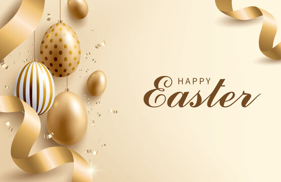 Easter banner with Easter eggs and ribbons on beige background.