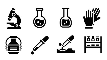 Obraz premium laboratory equipment icon set in black silhouette style with microscope flask gloves dropper and chemical bottles for science and research design