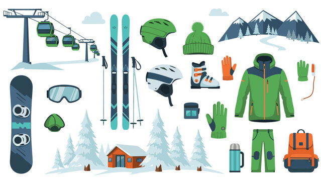collection of hand drawn winter ski mountain equipment clothing and accessories
