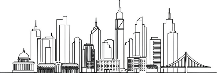 Minimalist line art illustration of a modern city skyline with skyscrapers and a bridge. Vector © MstRuna