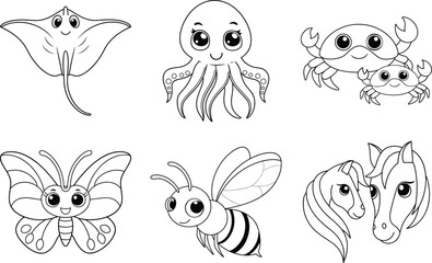 Fototapeta premium Cute Kawaii Sea Creatures and Insects Coloring Book Page Set for Kids