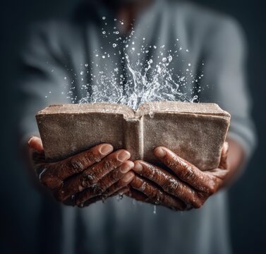 Hands holding an open book with water splashing out, symbolizing knowledge and discovery