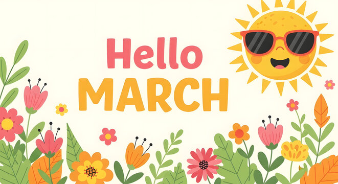 Hello March Spring Flowers Illustration with Sun and Blooming Nature&rdquo;