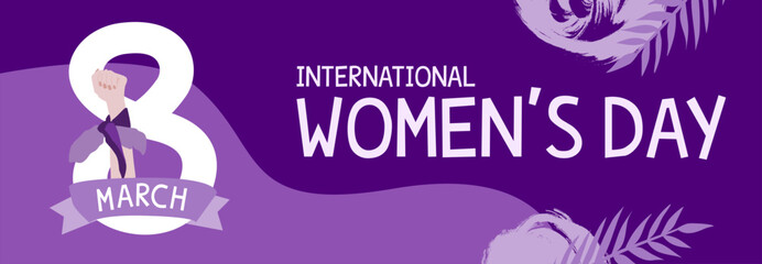 Fototapeta premium Couverture réseaux sociaux ou site internet pour célébrer la journée internationale des droits des femmes le 8 mars - illustration vectorielle avec la silhouette d'un poing levé qui sort du 8 