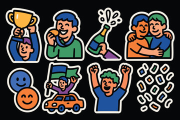 set of hand drawn cartoon style celebration and victory stickers with trophy medal champagne hugging and confetti