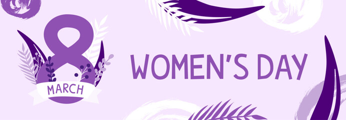 Bannière internet pour la journée des droits des femmes avec le 8 mars décoré de fleurs et feuilles différentes : palmiers, fougères, monstera, baie,... Illustration vectorielle violette © Cecotine
