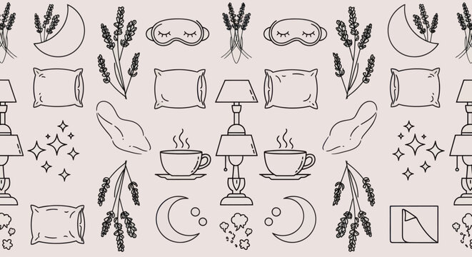 Hygge aesthetic seamless pattern of good sleep icons and relaxation elements.