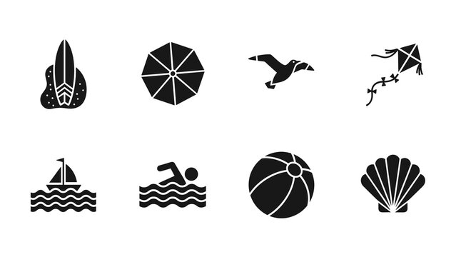 set of eight hand drawn summer beach icon silhouettes including surfboard umbrella bird kite sailboat swimmer beach ball and seashell