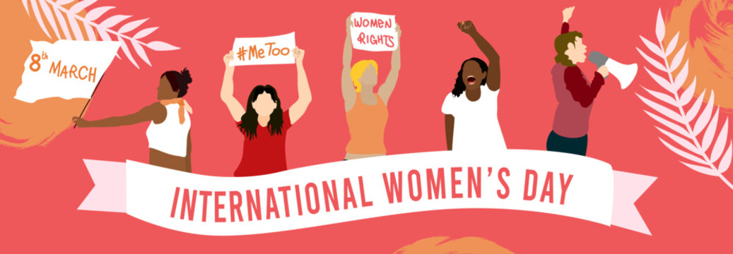 Banni&egrave;re avec des femmes de diff&eacute;rentes ethnies brandissant des pancartes, les bras lev&eacute;s et criant dans un megaphone pour manifester le 8 mars lors de la journ&eacute;e internationale des droits des femmes