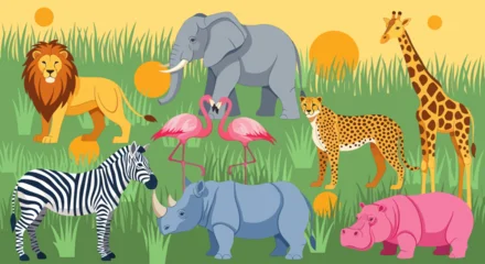 Fotobehang Zoo Collection of diverse African safari animals in a grassy savanna.  © huhiyart