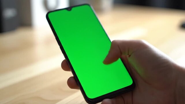 Hand holding a modern smartphone with a bright green screen for content replacement.