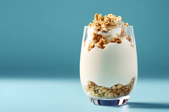 Glass of creamy yogurt with granola on blue background. Healthy breakfast parfait with yogurt and crunchy granola.