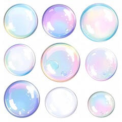 Nine iridescent soap bubbles in pastel hues
