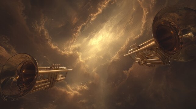 The end times or the return of Jesus. Trumpets in the clouds the Day of the Lord. Book of Revelation biblical prophecy Seven Trumpets  angels to signal divine judgments. 