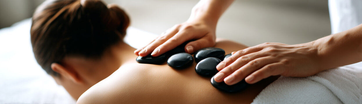 Terapia con piedras calientes que evoca relajaci&oacute;n profunda, cuidado corporal y conexi&oacute;n emocional en un ambiente de spa. Una persona tumbada boca abajo con una toalla blanca recibe masaje con piedras