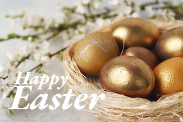 Fototapeta premium Celebrate Easter with decorated golden eggs in a natural setting with spring flowers