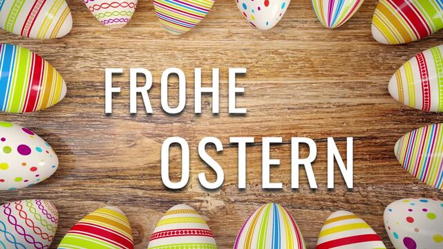 Videoanimation - 16 bunt bemalte Ostereier auf rustikalem Holz - Frohe Ostern