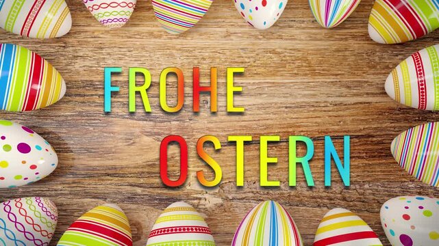 Videoanimation - 16 bunt bemalte Ostereier auf rustikalem Holz - Frohe Ostern
