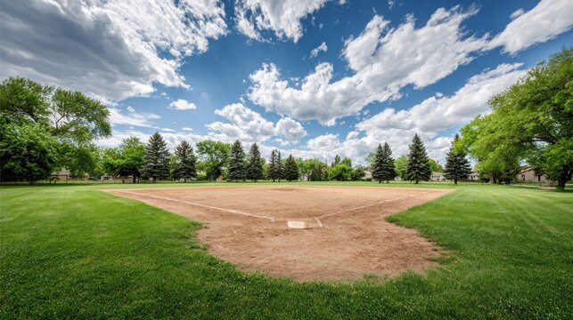 Empty baseball field under a dramatic sky with fluffy white clouds and green trees