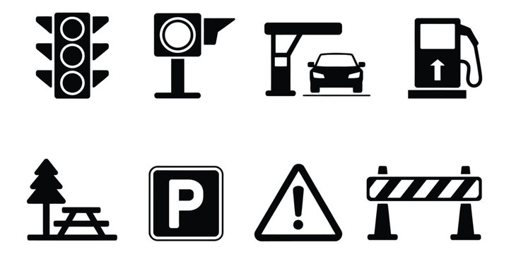 Road and Travel Solid Icons, Including Traffic Light, Speed Camera, Toll Booth, Gas Pump, and Parking Sign for Navigation, Safety, and Transportation