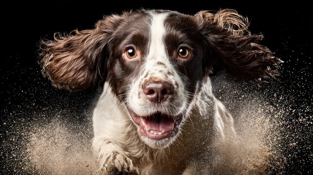 Energetic English Springer Spaniel running through dust with ears flying