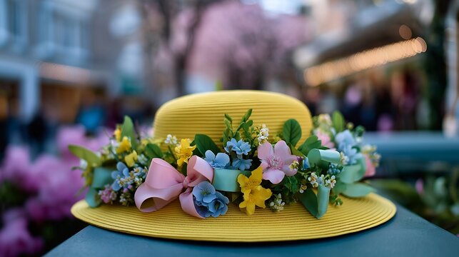 Easter bonnet decorated with spring flowers, ribbons, and pastel colors on display, ideal for Easter holiday tradition, seasonal fashion, festive parade, springtime celebration, vintage style, and