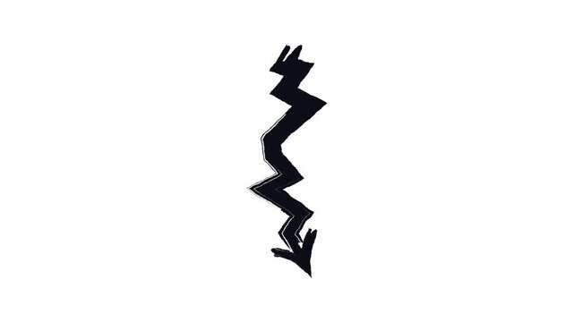 Zigzagging broken arrow pointing downward bold thick stroke animation. Sharp angular turns. Lightning bolt. Expressive grunge marker highlight pointer 4K video motion. Animated ink rough direction