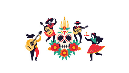 Traditional Mexican day of the dead celebration with musicians playing guitars and a decorated sugar skull with flowers.