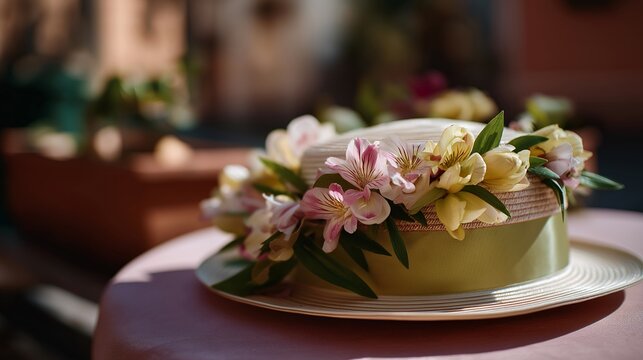 Easter bonnet decorated with spring flowers, ribbons, and pastel colors on display, ideal for Easter holiday tradition, seasonal fashion, festive parade, springtime celebration, vintage style, and