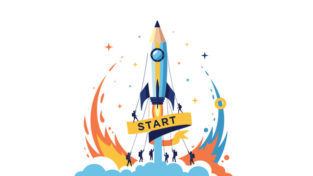 Creative pencil rocket launching into the sky with the word start as a symbol of beginning a new project or education.