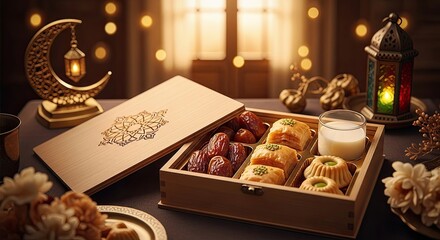 Obraz premium Ethereal and magical iftar snack box with assorted sweets and a glass of milk illuminated by a crescent moon lamp
