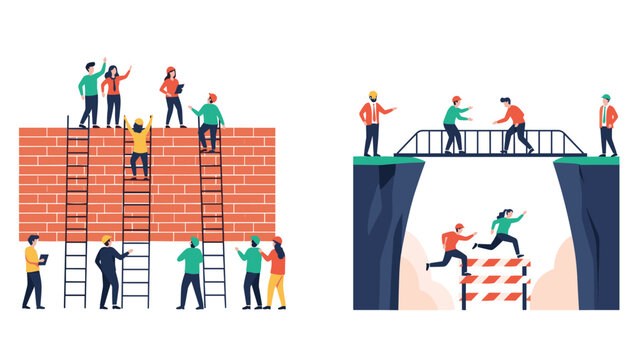 Illustration depicting people overcoming obstacles by climbing ladders over a wall and crossing a bridge over a deep ravine.
