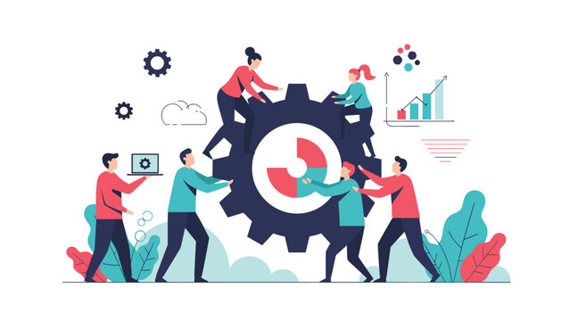Collaborative team work illustration showing people working together to rotate a giant gear that contains a circular pie chart.