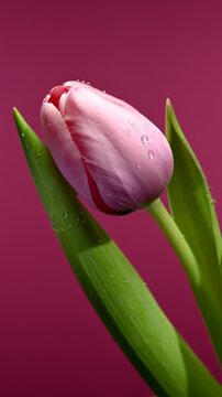 Pink Tulip Bud With Water Drops On magneta Background