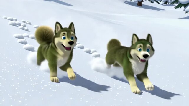 Animated huskies running in snow cartoon style winter scene two cute dogs having fun playful characters animation