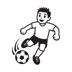 Obraz premium A black and white cartoon illustration depicts a young boy actively kicking a soccer ball
