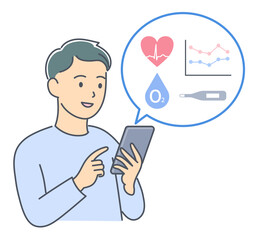 スマートフォンでバイタルデータを確認している若い男性のイラスト