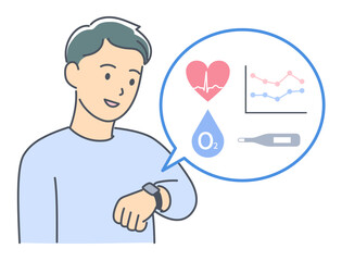 スマートウォッチでバイタルデータを確認している若い男性のイラスト