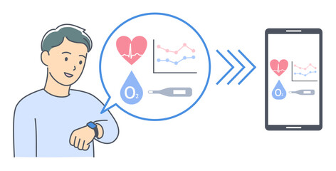 男性のスマートウォッチのバイタルデータがスマートフォンに共有されているイラスト