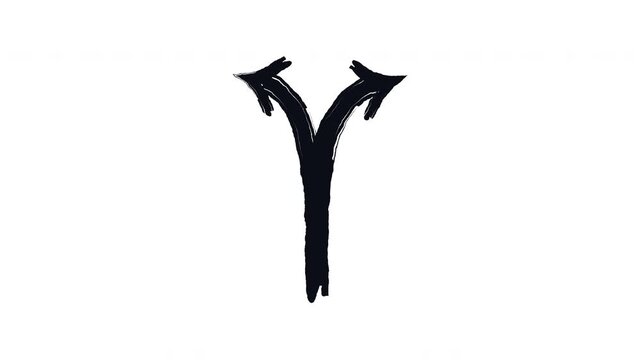 Two choices arrow bold thick stroke animation. Split into left and right curved paths. Branching forked. Expressive grunge marker highlight pointer 4K video motion. Animated ink rough direction