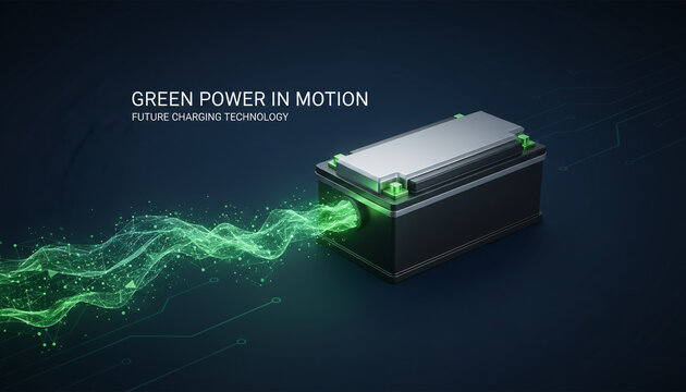 Dynamic green energy flow from an advanced battery system, symbolizing future power solutions and sustainable technology development and innovation