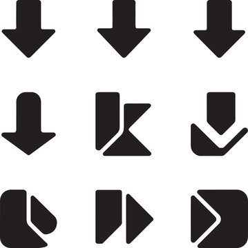 Black solid arrow vector icon set for downward navigation, media playback, and UI interface controls